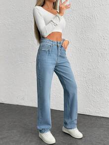 EURMUSE 100% Cotton Women High-Waist Straight Washed Denim Casual Pants - Light Wash - View 5