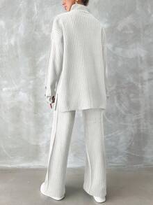 EURMUSE Turtleneck Drop Shoulder Split Hem Sweater & Knit Pants - White - View 2