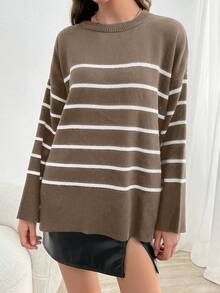 SHEIN Tall Striped Pattern Drop Shoulder Sweater, Tall Women - Camel - View 4