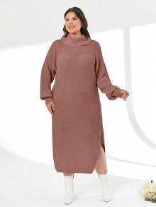 EURMUSE Turtleneck Raglan Sleeve Split Thigh Sweater Dress Without Belt - Dusty Pink - View 5