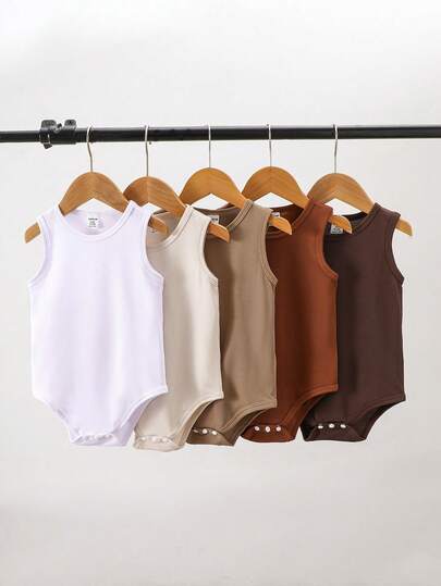 SHEIN Playful Pals 5pcs/Set Newborn Baby Boys' Cute Warm-Tone Bodysuits, Suitable For Outings, Vacations, Holidays, Spring/Summer