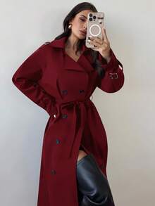 Firerie 女式卡其色翻领仿皮袖收腰双排扣中长款风衣，长袖风衣，春秋冬，通勤，优雅，休闲，工作服 - 酒紅色 - 查看 4