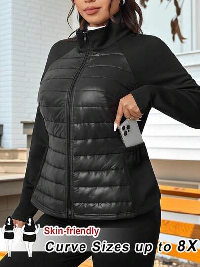 SHEIN CURVE+ Plus Size Women's Thickened Quilted Black Jacket, Autumn/Winter