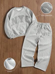 TOKVUE 男士时尚休闲字母刺绣圆领长袖卫衣搭配抽绳腰运动裤休闲套装，适合秋冬季节，纽约男士卫衣 - 灰色 - 查看 1