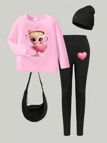 Elladie kids Fall Sets Young Girls Casual Fashion Creative Personalized Fresh Minimalist Cute Kawaii Cup Ballet Girl Heart Shaped Pattern Print Casual Long Sleeve T-Shirt And Leggings Suit, Comfortable Outfit Suitable For Autumn/Winter Young Girls Atmosphere Wear - Multicolor - View 4