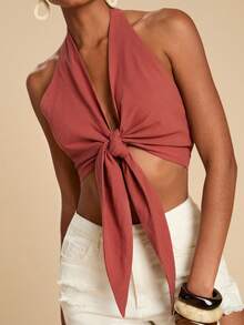 Travachic 度假风纯色编织露背短款女式上衣，系带露背设计，适合夏季海滩、休闲、优雅外出场合，蝴蝶结装饰，锈棕色，露背款式，也适合圣诞节、新年、感恩节等节日穿着，时尚优雅。 - 鏽棕色 - 查看 6