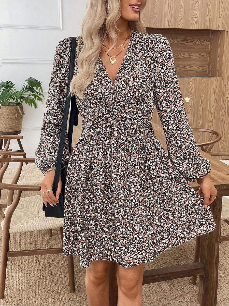 EMERY ROSE 女式随机印花深V领长袖短款连衣裙 - 黑色 - 查看 1