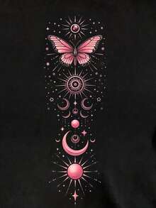 SHEIN Essnce 休闲简约蝴蝶月亮图案落肩长袖女式T恤，适合秋冬季 - 黑色 - 查看 3