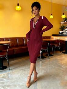 Elenzga Women's Elegant Color Block Collar Fitted Knit Dress, Autumn/Winter - Redwood - View 5