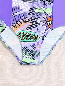 SHEIN 少女度假字母与波尔卡圆点印花长袖拉链半开襟连体泳衣 - 紫色 - 查看 7