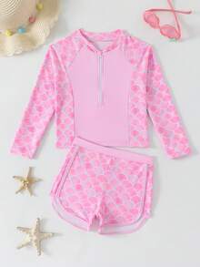少女长袖比基尼上衣和短裤两件套，随机印花 - 粉色 - 查看 3