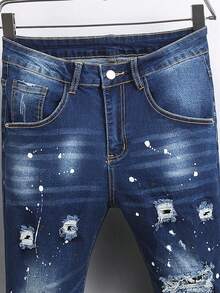 Manfinity Homme Men's Distressed Pocket Contrast Color Casual Versatile Streetwear Denim Jeans - Dark Wash - View 3