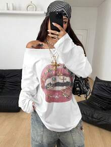 Coolane Women's Fall  Streetwear Daily Wear Casual Vintage Homecoming Y2K Graphics Comfortable Asymmetrical Neck Off The Shoulder Long Sleeve T-Shirt
