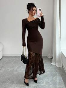 Modelyn Women's Elegant Lace Patchwork Midi Dress - Coffee Brown - View 1