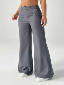 SHEIN EZwear Plus Size Casual Minimalist Style Floral Gray Flared Suit Pants Bell Bottom Pants Gray Pants/ Winter