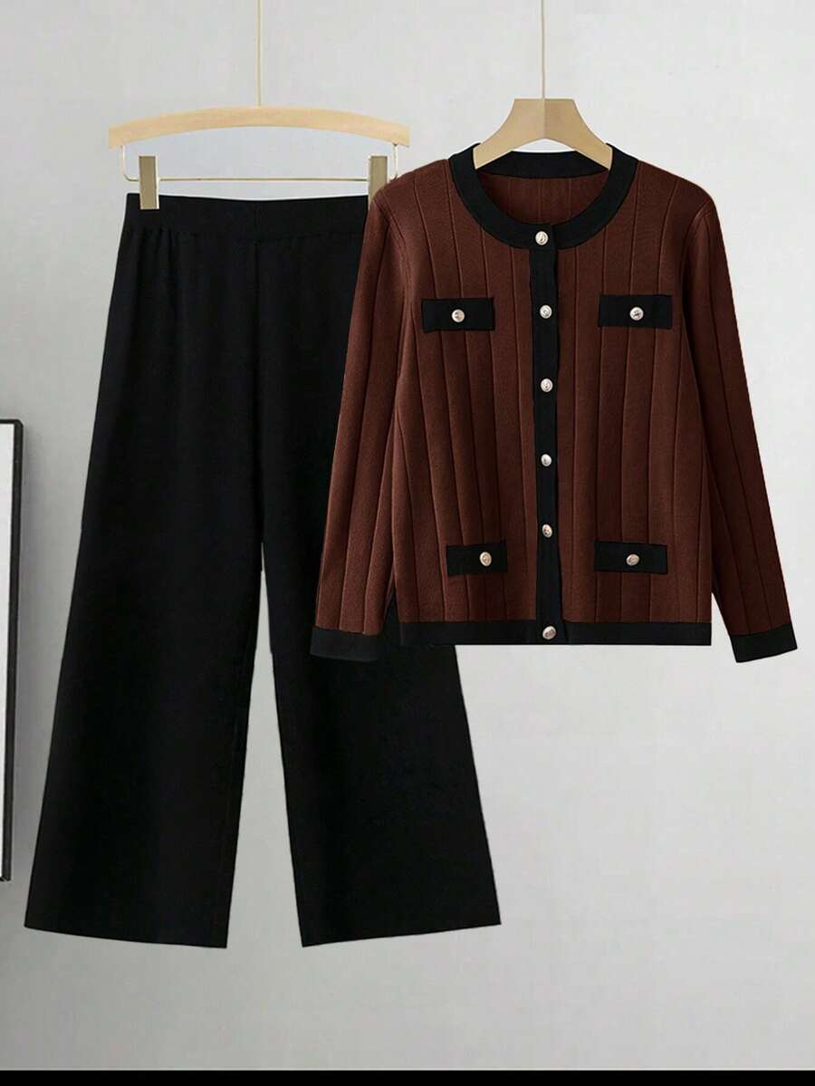 SHEIN LUNE Plus Size Contrast Trim Button Front Long Sleeve Top And Solid Color Pants Sweater Set - Multicolor - View 1