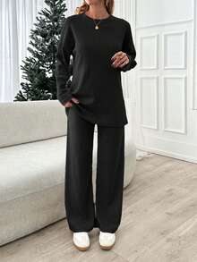 EURMUSE Women Beige Wide Leg And Top Two Pieces - Black - View 5