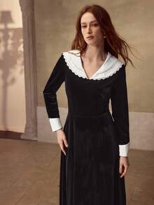 MOTF PREMIUM ROBE À VOLANTS AVEC COL ET POIGNETS EN VELOURS CONTRASTÉS - Noir et Blanc - Voir 4