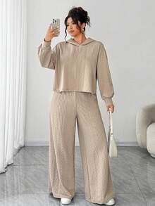 Elenzga Plus Size Women Loose Hooded Textured Two Pieces Set, Casual For Daily Commute