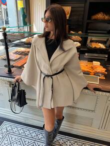 Aloruh Women's Elegant High Collar Batwing Sleeve Cinched Waist Waist Wool Blend Coat In Fall/Winter,Women's Winter Clothes - Apricot - View 3