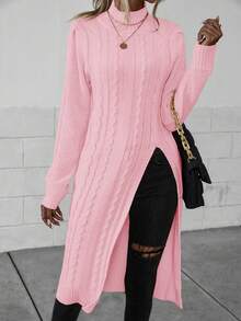 EMERY ROSE Casual Solid Color Stand Collar High Slit Sweater, Autumn/Winter - Baby Pink - View 4