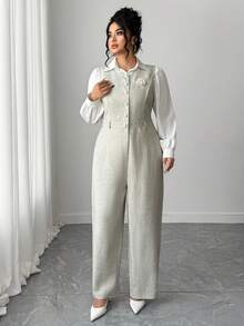 SHEIN Elenzya Large-Sized Woven Commuter Style Autumn Jumpsuits - Apricot - View 4