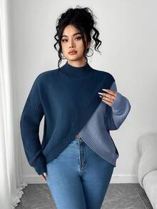 Elenzga Suéter holgado de cuello alto, manga larga y hombros caídos con bloques de color, talla grande