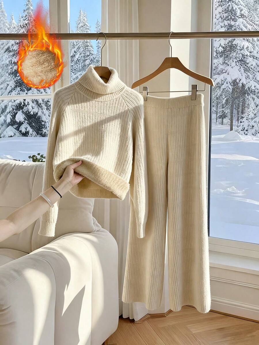 Franclia 2 件套女士休闲宽松加厚保暖内衬套头衫套装，秋冬 - 卡其色 - 查看 1