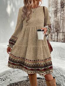 EMERY ROSE Gaun Panjang Sedang Wanita Warna Khaki Gaya Boho Musim Gugur, Motif Cetak Retro Bunga Elegan, Nyaman, Serbaguna, dan Chic untuk Liburan, Jalan-jalan, Kencan, dan Pesta - MultiWarna - View 4