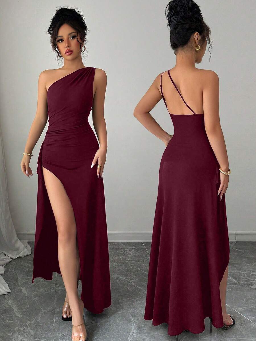 Selianne Summer New Sexy Black Asymmetric-Shoulder Ruched Backless Hollow-Out High Slit Elegant Maxi Dress, Suitable For Vacation, Date, Party - Burgundy - View 1