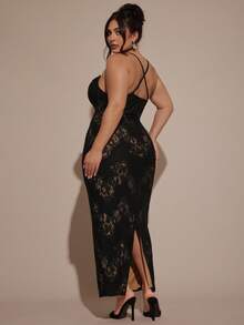 SHEIN BAE Plus Size Women Elegant Sexy Lace Long Dress,Elegant Dress,Winter, Summer,Cozy Fall And Winter,Halloween Costume, Christmas Outfit,New Year Outfit,Thanksgiving Plus Size,Elegant Dresses For Party,Sexy Club Outfits,Cozy Fall & Winter Styles,Plus Size Halloween Costumes,Formal Dresses,Wedding Guest Dress,Plus Size,Halloween Costumes Plus Size,Black Dress, Cocktail Dress,Birthday Party - Black - View 3