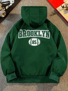 Aesthetic Post 男士休闲字母印花连帽夹克，秋季 - 綠色 - 查看 2