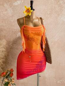 Soleia Váy ngắn xếp nếp hoa đính đá màu cam chuyển sắc dành cho nữ, thích hợp cho các dịp lễ, hẹn hò, trà chiều, bãi biển, du thuyền, kỳ nghỉ trên đảo, chuyến đi thành phố, lễ hội âm nhạc, kỳ nghỉ Boho, tiệc tùng, có thể mặc trong nhà hoặc ngoài trời, bộ đồ đi biển - trái cam - Xem 8