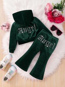 SHEIN Baby Girl 2Pcs Dark Green Velvet Hoodie & Flare Winter Pants Outfits, Letter Pattern Sweatpants Set,Y2k Fashionable Cute Casual Autumn Outfits - Green - View 1