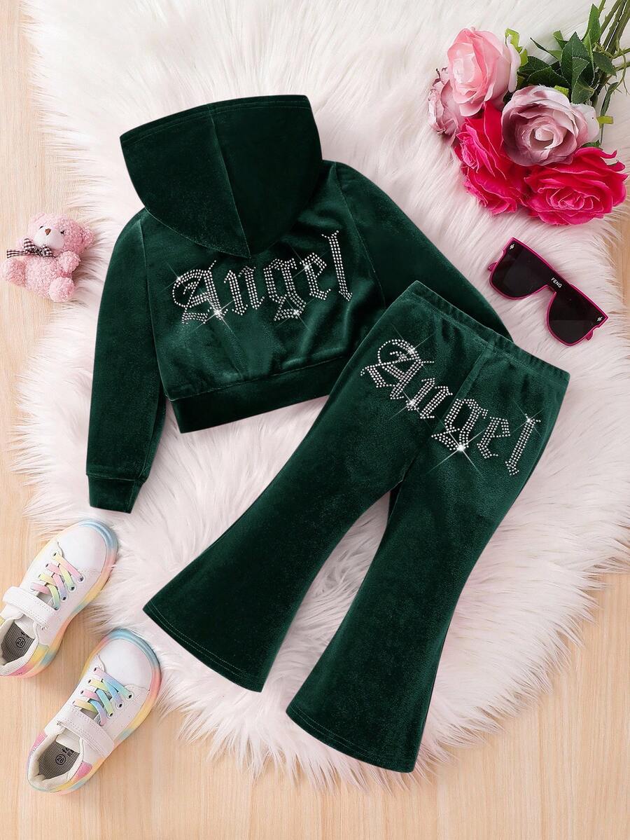 SHEIN Baby Girl 2Pcs Dark Green Velvet Hoodie & Flare Winter Pants Outfits, Letter Pattern Sweatpants Set,Y2k Fashionable Cute Casual Autumn Outfits - Green - View 1