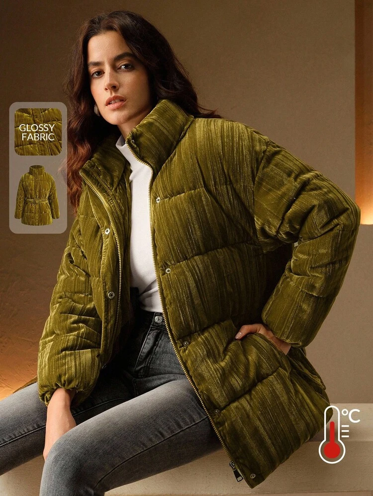 Women's Vintage Waist Belt Cropped Stand Collar Casual Jacket, Autumn/Winter