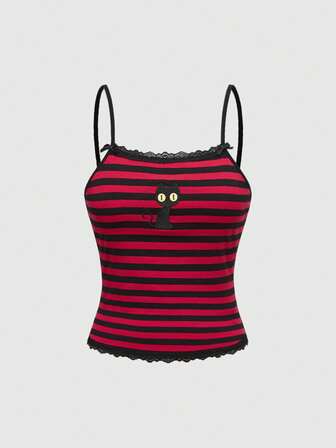 Hippie ملابس علوية كامي مناسب للصيف وعيد الهالوين، بتصميم جوتيك بطبعة قطة سوداء وخطوط، مزين بتريم من الدانتيل