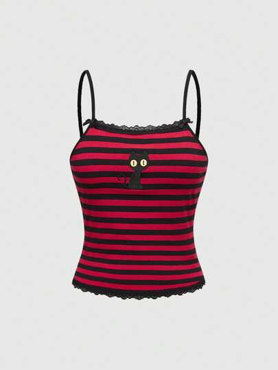 Hippie Débardeur ajusté avec dentelle, style gothique, motif chat noir et rayures, convient pour l'été et Halloween