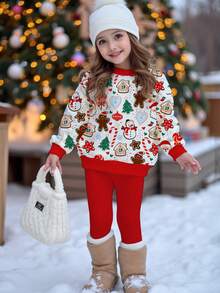 SHEIN طقم بلوزة كاجوال بياقة طاقم وسروال ضيق لفصلي الخريف والشتاء، مزين برسومات كرتونية جميلة لسانتا كلوز وإنسان زنجبيل ورجل ثلج وشجرة عيد الميلاد وأجراس وقصب السكر، مناسب للفتيات - متعدد الألوان - مشاهدة 2