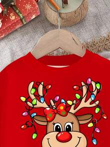 SHEIN 女婴圣诞快乐可爱卡通驯鹿、雪花、圣诞几何图案提花针织柔软厚圆领长袖卫衣和打底裤套装，喜庆红色，休闲秋冬 - 彩色 - 查看 4
