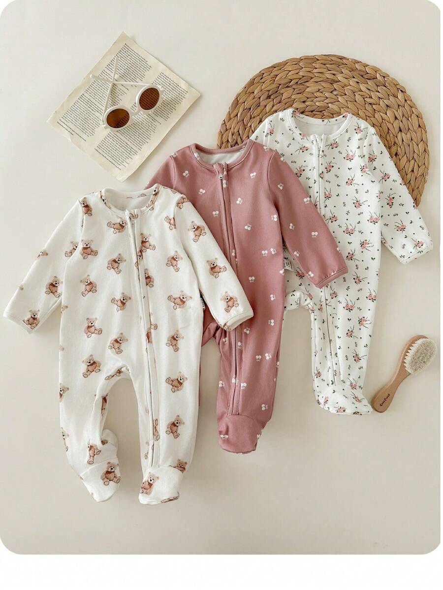 Newborn Baby Girl Cute Casual Knit Cartoon Pattern Striped Long Sleeve Romper