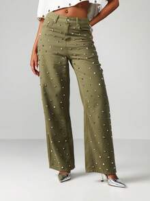 MISSGUIDED Jeans de tiro alto y pierna ancha con tachuelas de color verde oliva para mujeres, pantalones decorados con metal de moda - Verde - Ver 1