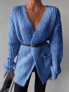 EURMUSE Quý cô Thả vai Áo len Mở Với Mở Mặt trước - Màu xanh nhạt - Xem 3