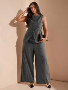 SHEIN BAE 大码女式条纹西装外套，两件套，秋冬 - 黑色 - 查看 4