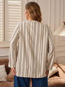 EMERY ROSE Áo sơ mi cổ khoét sọc thường ngày cỡ lớn, mùa thu - Màu be - Xem 2