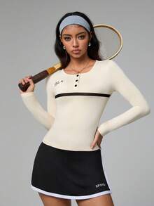 Dewbera Lässiges Kontrast-Streifen-Langarm-Athletik-T-Shirt, Damen Kompressionsshirt mit Langarm, Damen Langarm-Oberteil, Enges Hemd mit Knopfleiste und Langarm