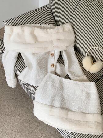 Comfortcana Conjunto de 2 piezas de top hombros descubiertos y falda de parches de piel elegante para mujer, otoño/invierno