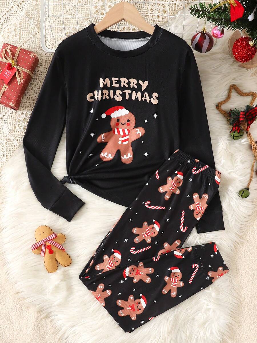 SHEIN 少女紧身针织休闲圆领长袖家居服套装 - 藍色 - 查看 1