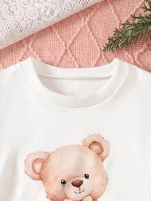 SHEIN Áo thun dài tay cổ tròn in hình gấu hoạt hình và nơ đơn giản tối giản kèm quần bó vừa vặn thoải mái cho bé gái tuổi teen, phù hợp cho mùa thu/đông - Hồng - Xem 3