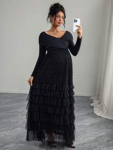 Momance Elegant Twist Knot Off-Shoulder Asymmetric Ruffle Hem Maternity Dress - Black - View 8